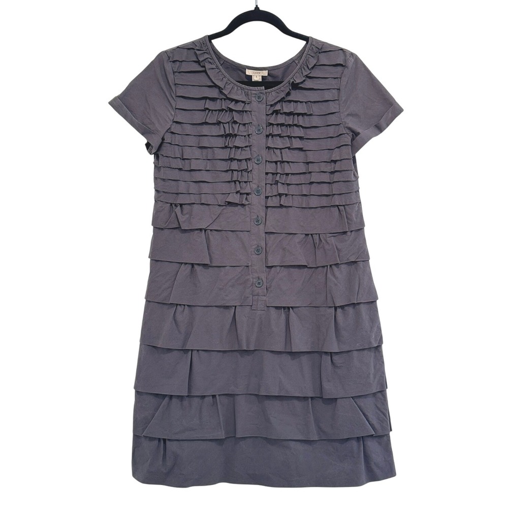 J.Crew Carly Ruffle Dress Tiered Button Front Short Sleeve Gray Cotton 6 Preppy‎
